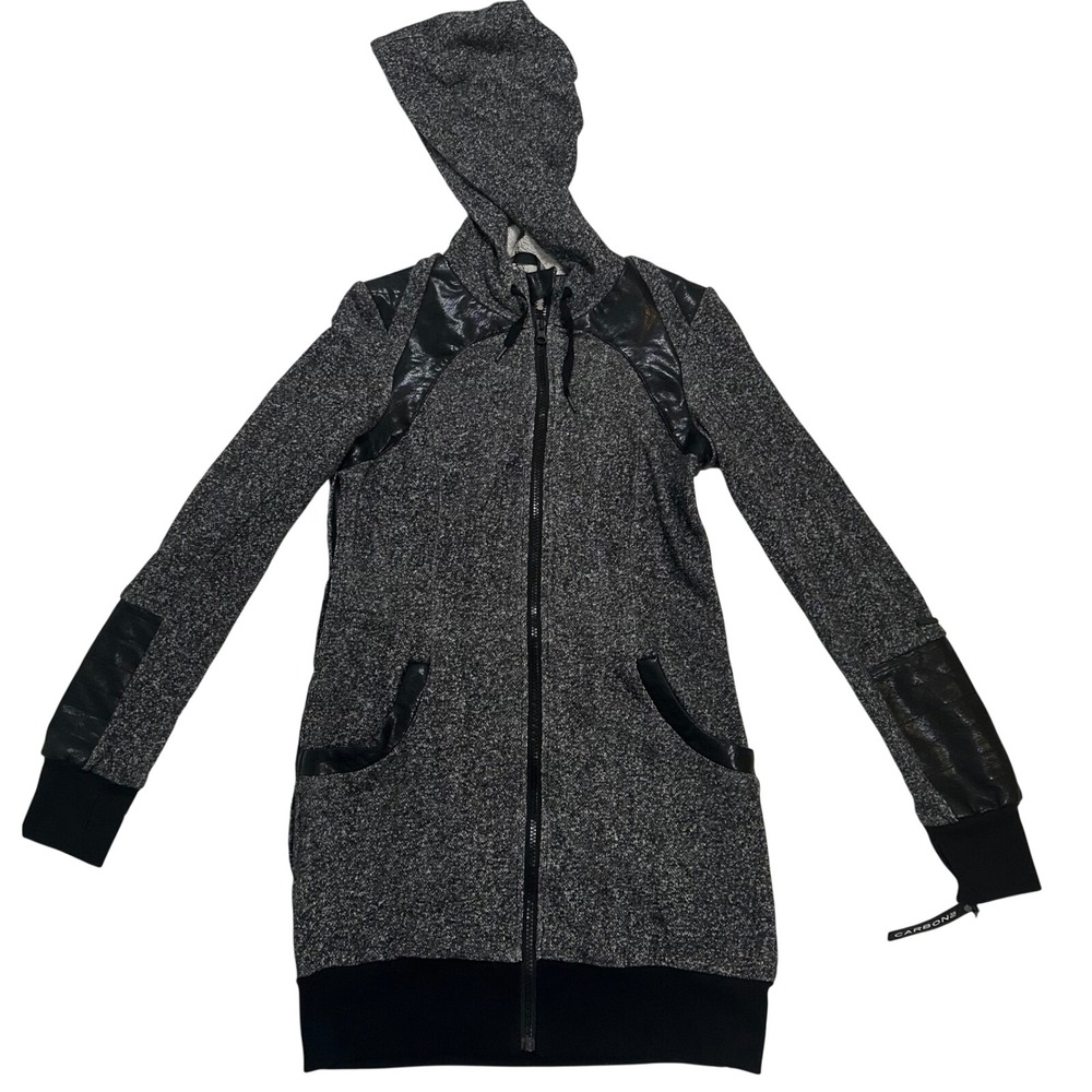 Blanc Noir Long Hoodie Heathered Gray Faux‎ Leather Trim Size Small NWT!